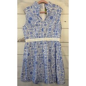 Elizabeth McKay Blue White Geometric Pique Dress Bamboo Zipper Womens 14